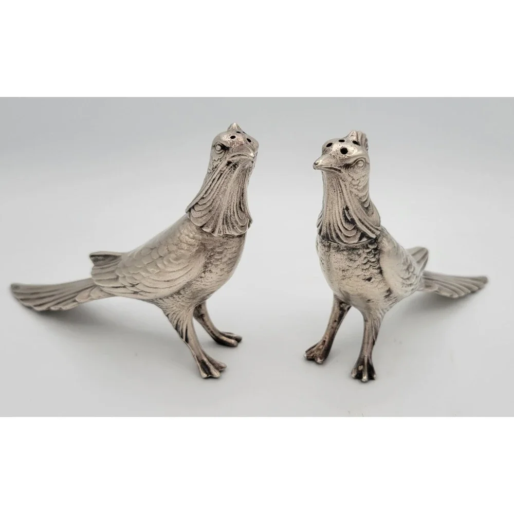 WB Mfg Co Pheasant Salt & Pepper Shaker Set Vtg MCM Bird Metal Silver 7.5in