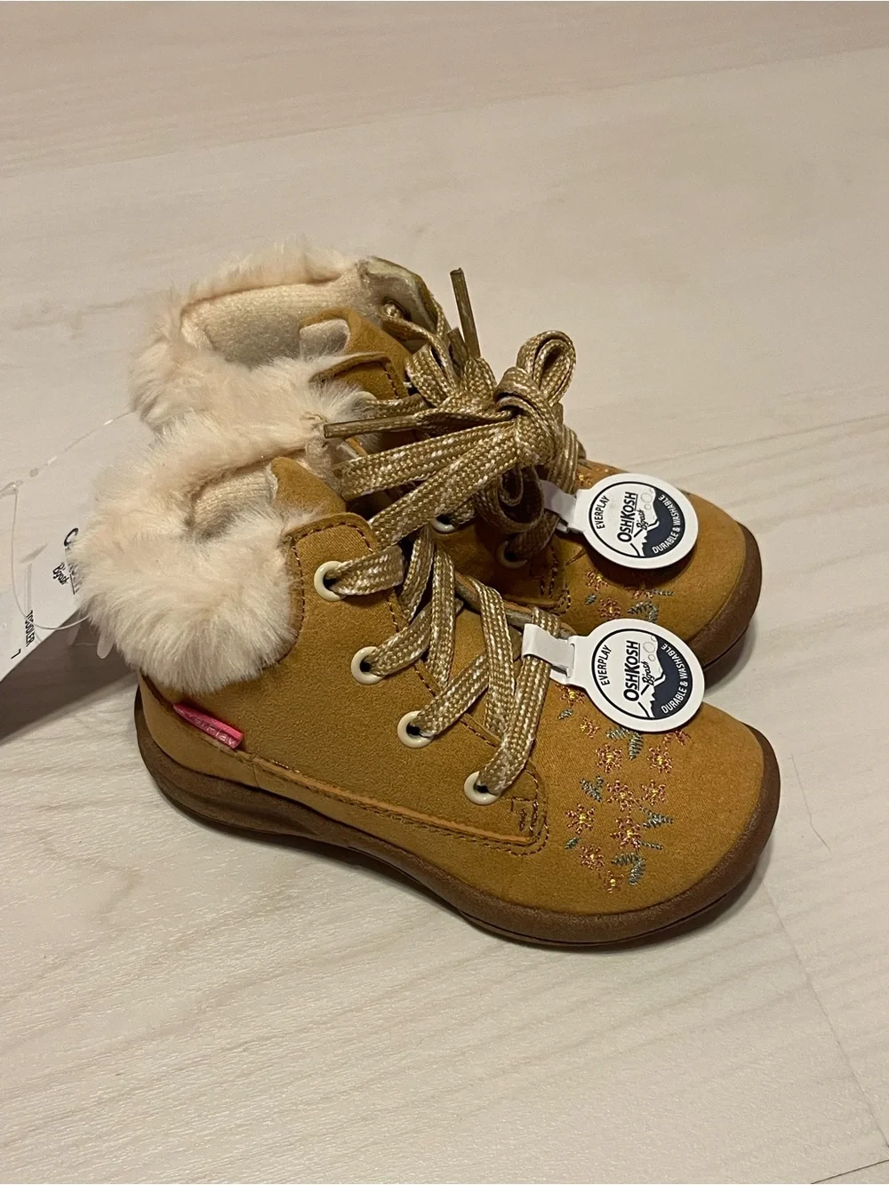 OshKosh B'gosh Tan Faux-Fur Lace-Up Toddler Boots with Embroidery