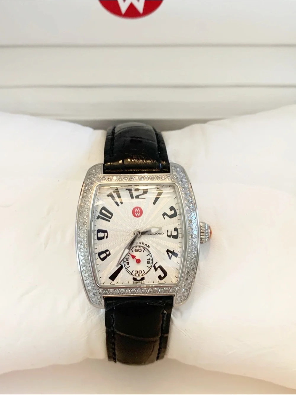 Michele Silver Crystal-Trim Watch with Black Leather Strap