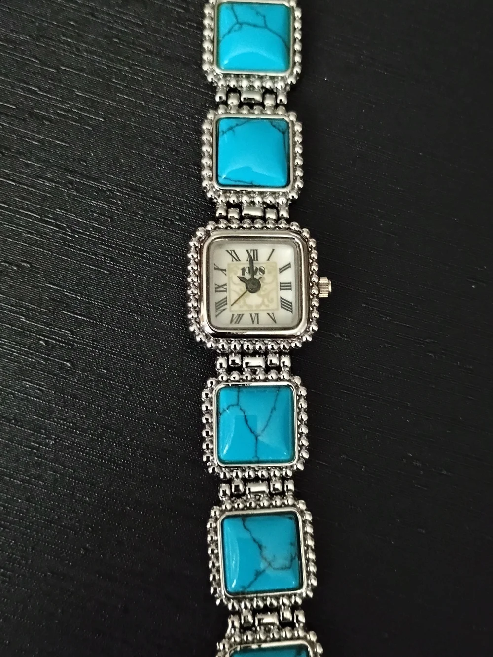Vintage 1928 Turquoise Stone Silver-Tone Women's Bracelet Watch