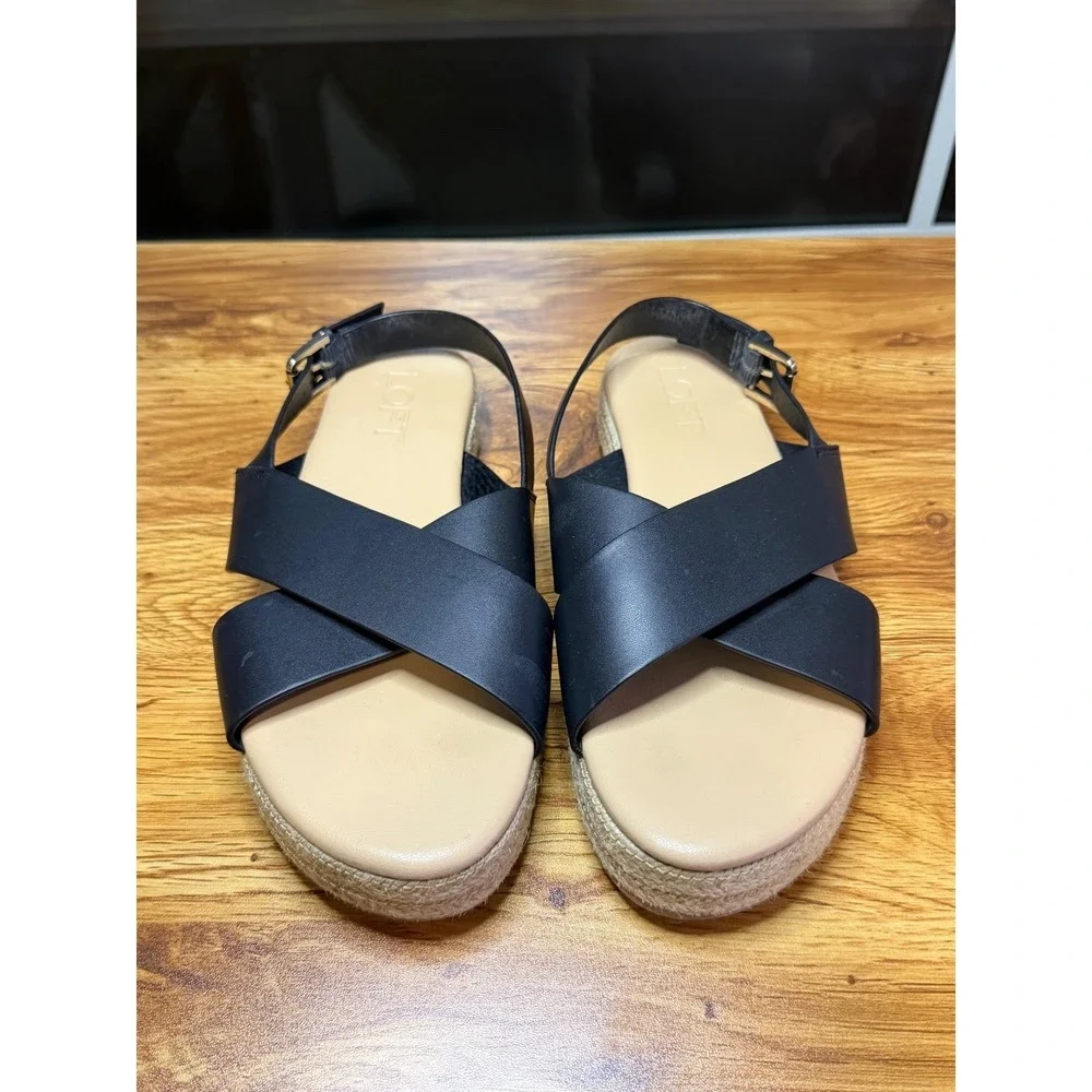 Loft Women's Black Leather‎ Crisscross Espadrille Platform Sandals Size 6.5M
