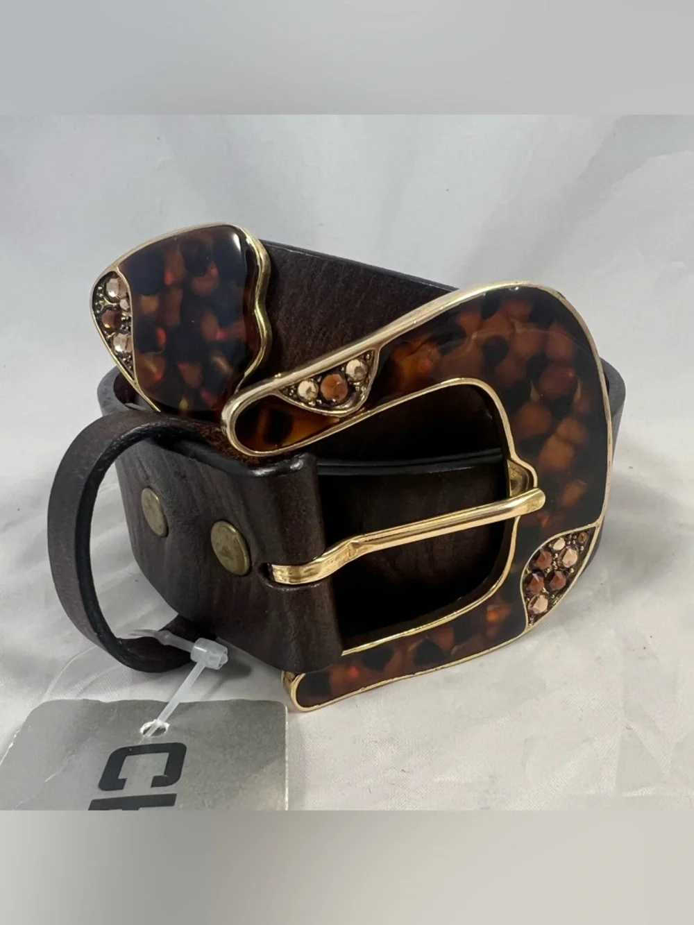 Chico's Jasmine Trouser Belt Cowhide Brown Leather Tortoiseshell Buckle Size S
