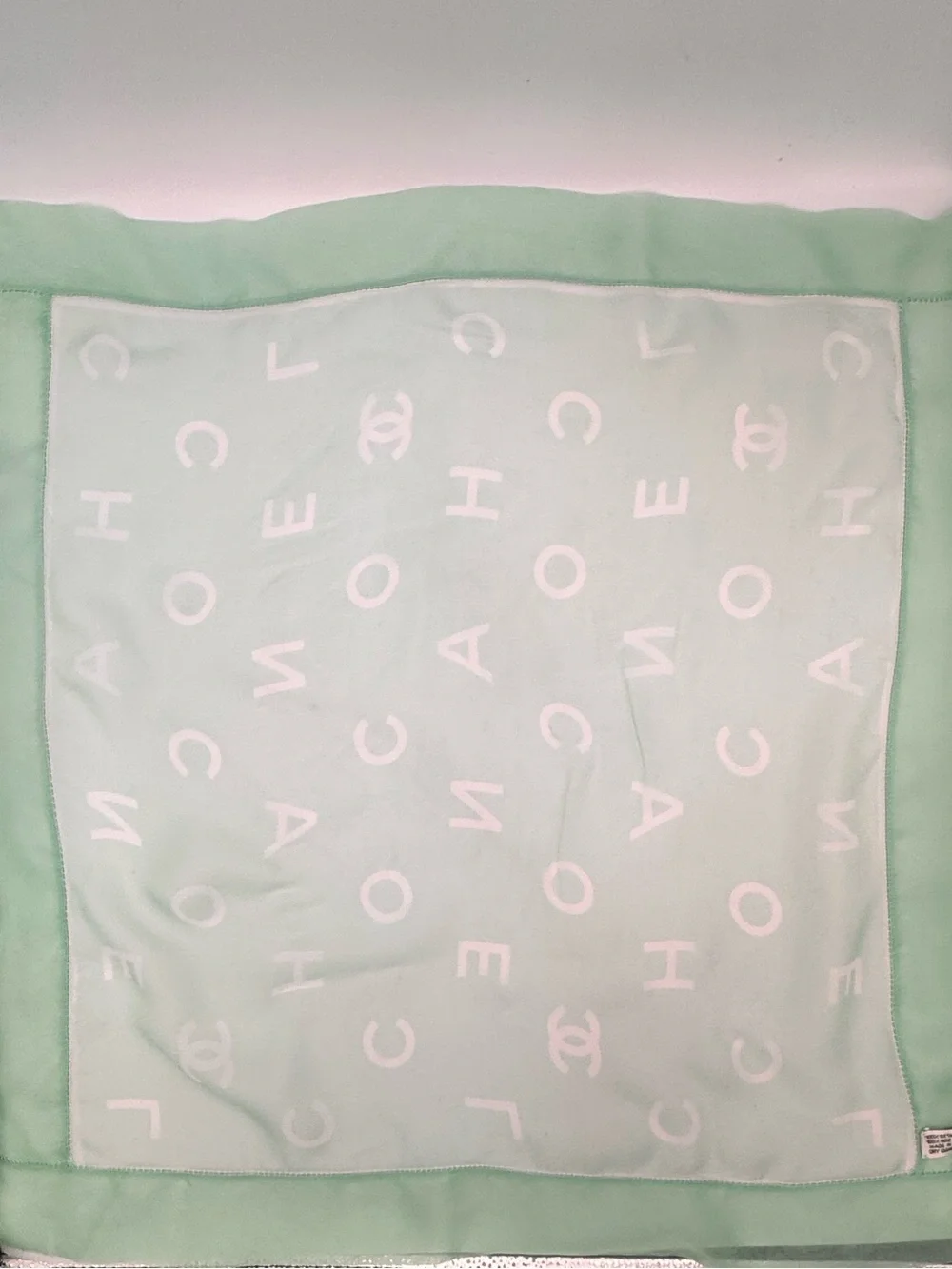 Vintage CHANEL 100% Silk Scarf Mint Green Logo CC Letter Print Made in Italy