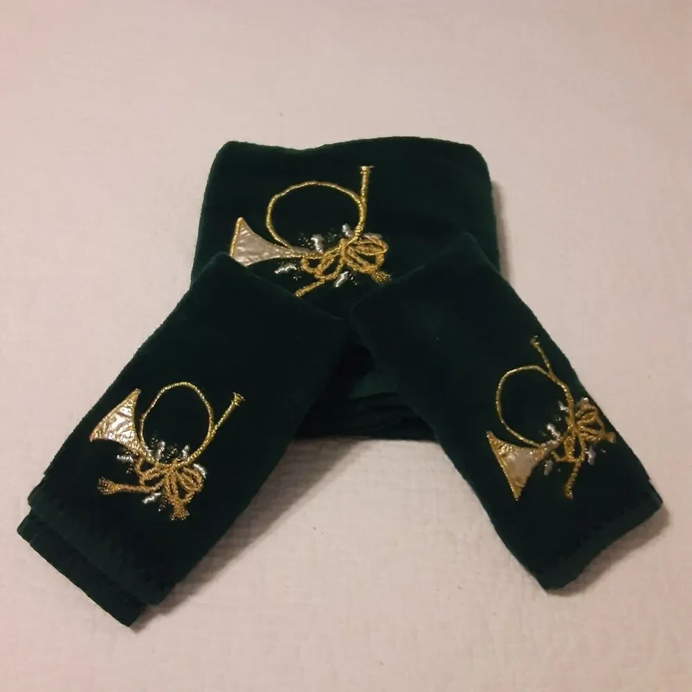 Vintage Christmas 3pc Towel Set Ribbons & Horns Hunter Green & Gold
