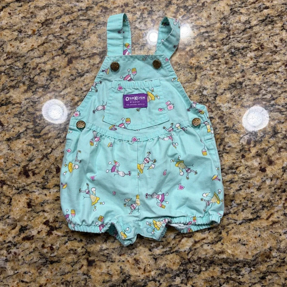 Vintage OshKosh Bgosh Baby Girl Bubble Overalls 12M Aqua Blue Novelty USA v