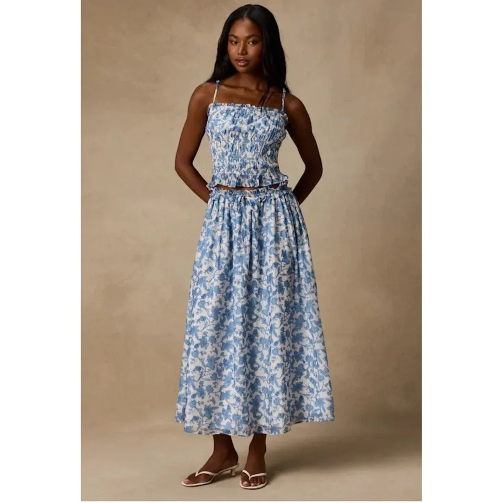Lulus Denarius White and‎ Blue Leaf Print Two-Piece Midi Dress Size XL New!