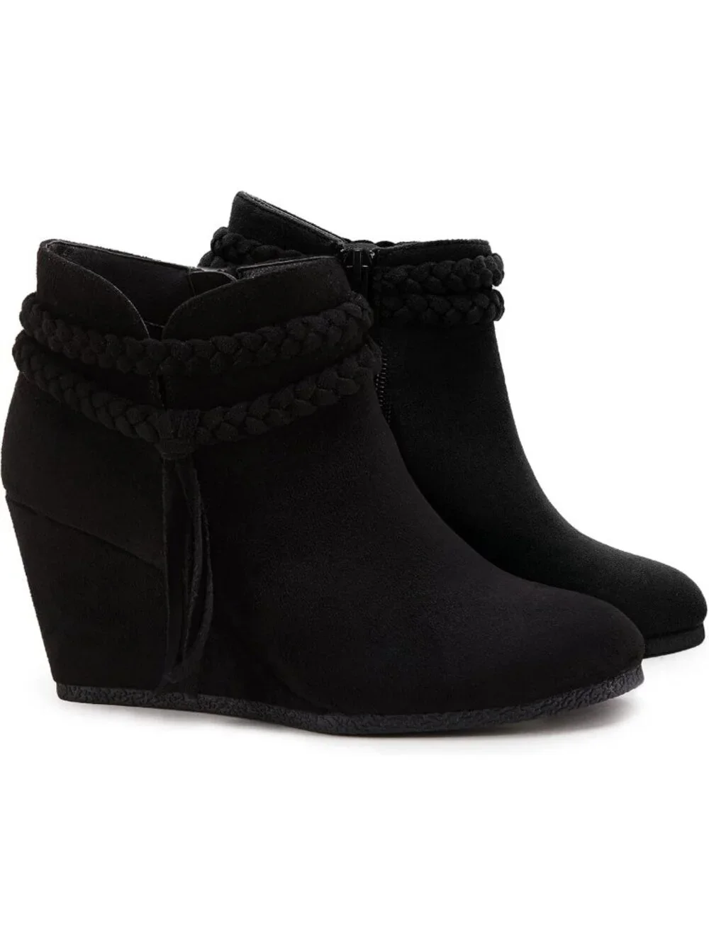 Chic Women's Wedge Ankle Boots with Braided Fringe Strap - Western Heeled