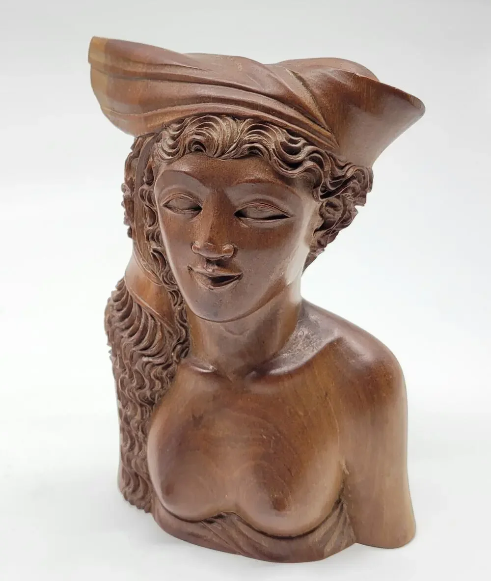 Vintage Bali Solid Carved Wooden Bust of a Young Woman Princess
