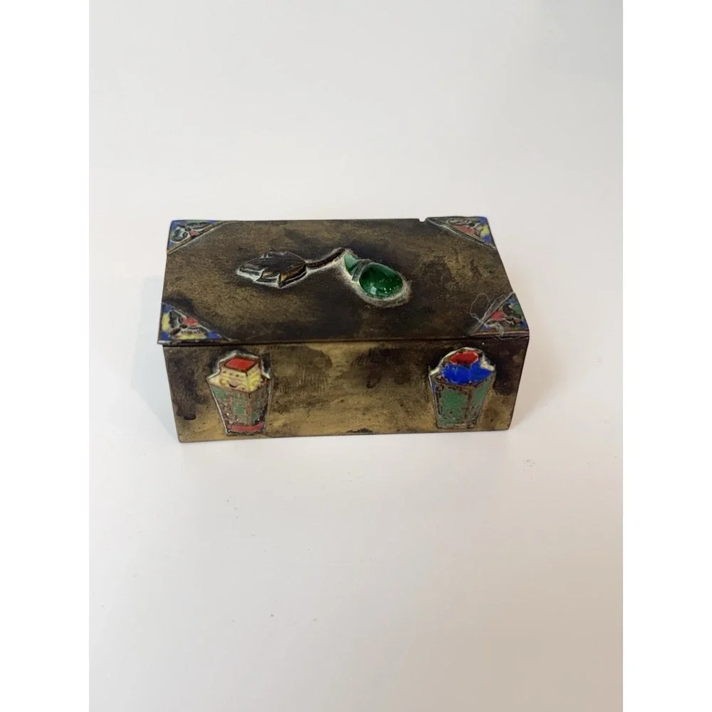 Vintage Chinese Brass Enamel Trinket Pill Box Chinoiserie 3