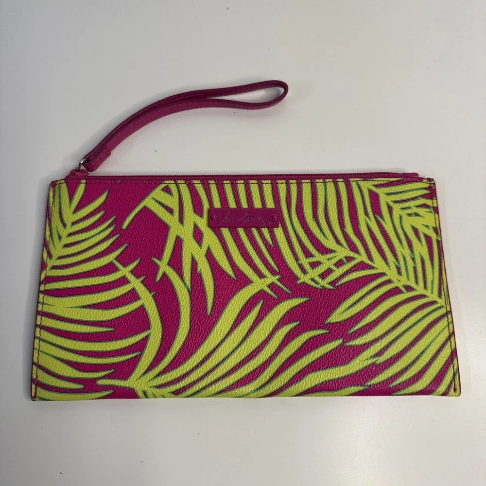 Vera Bradley Pink & Neon Green Palm Fronds Faux Leather Wristlet Clutch Bag 9x5