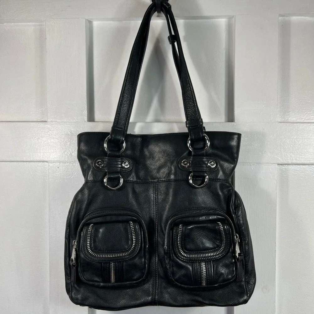B. Makowsky Black Pebbled Leather Shoulder Bag Leopard Lining Silver Hardware