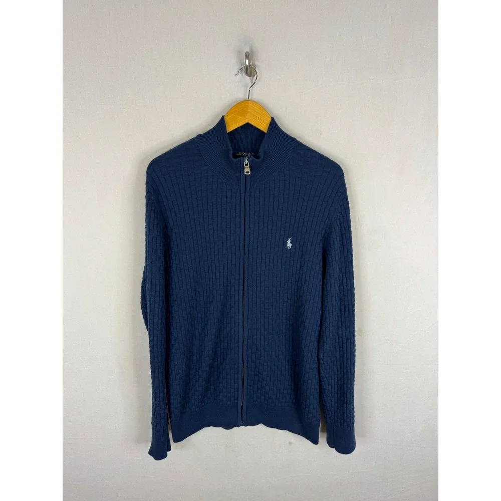 Polo Ralph Lauren Mens XL Navy Blue Full Zip Cotton Basket Weave Knit Sweater