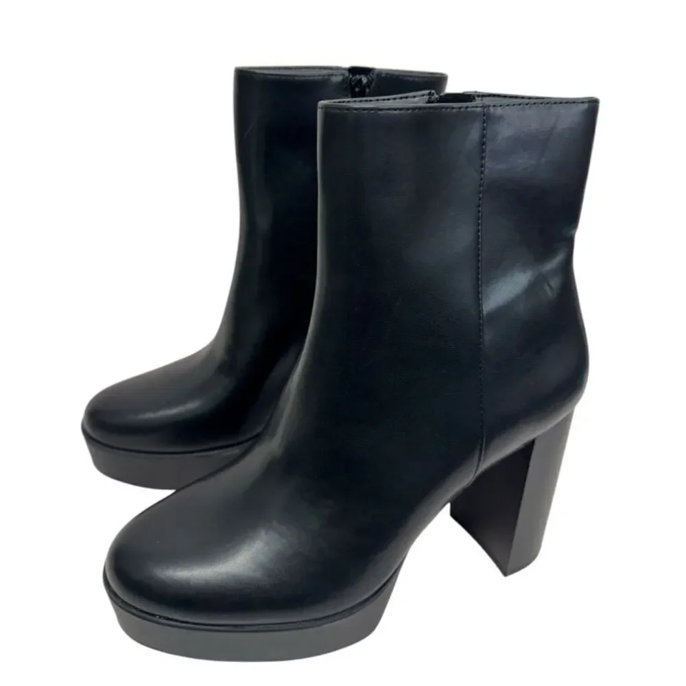 Alfani Boots Size 8.5 Black Almond Toe Faux Leather High Heel Side Zip NEW‎