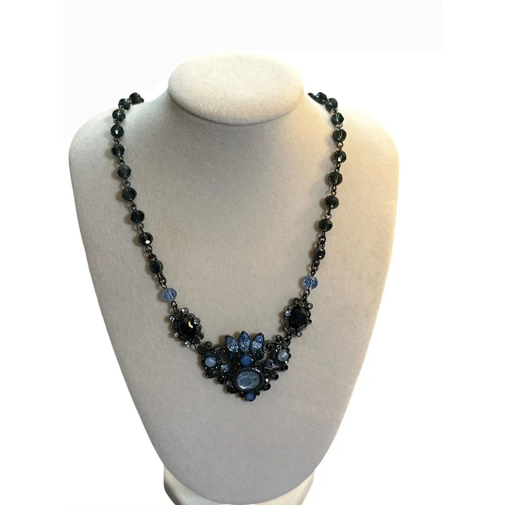 2028 Jewelry Blue Grey Crystal Floral Bib Necklace Gunmetal Tone Statement