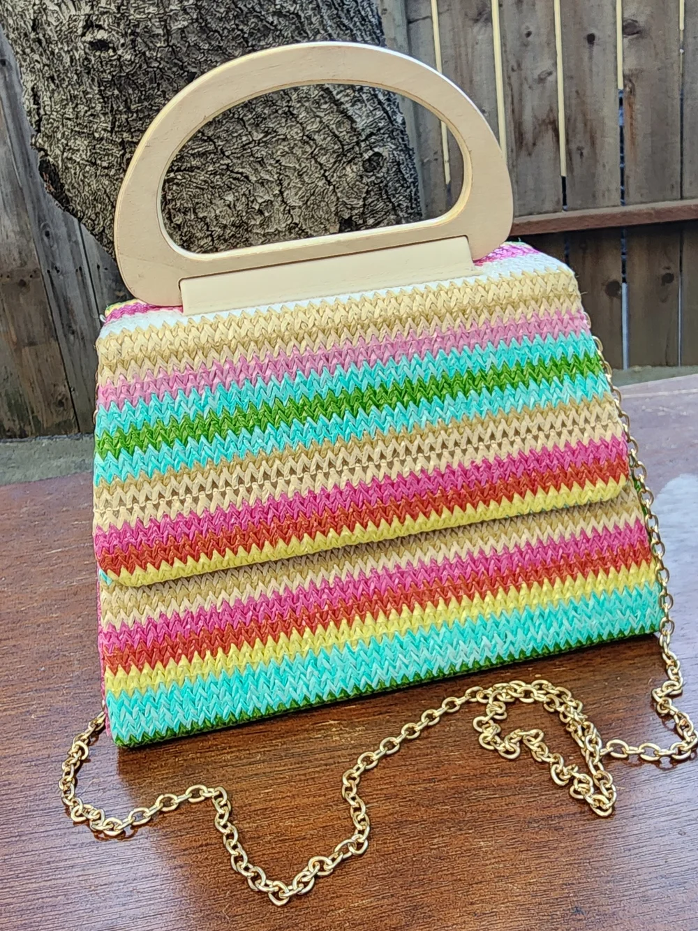 Alessia Bianchi Rainbow Woven Straw Clutch Wood Top Handle Crossbody Bag NWOT