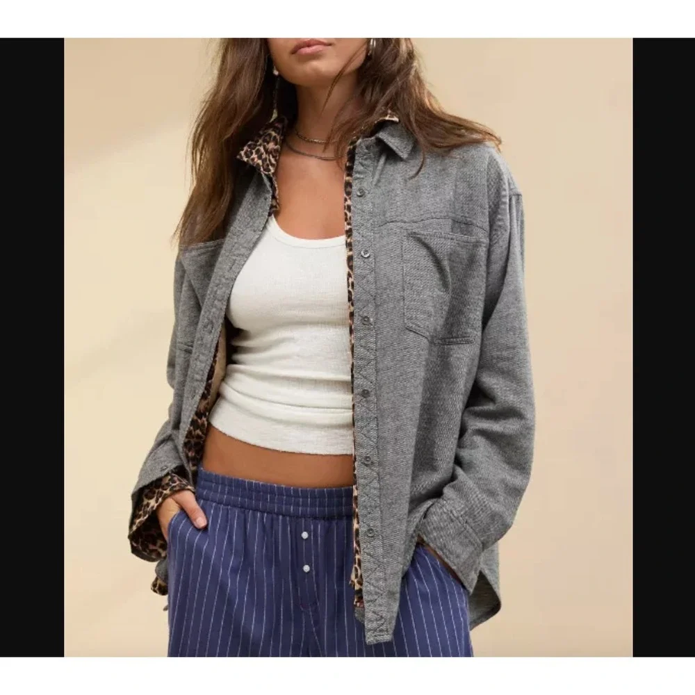 Aerie Sz XS Anytime Fave Twill Shirt Shacket Oversized 100%‎ Cotton Gray Cozy
