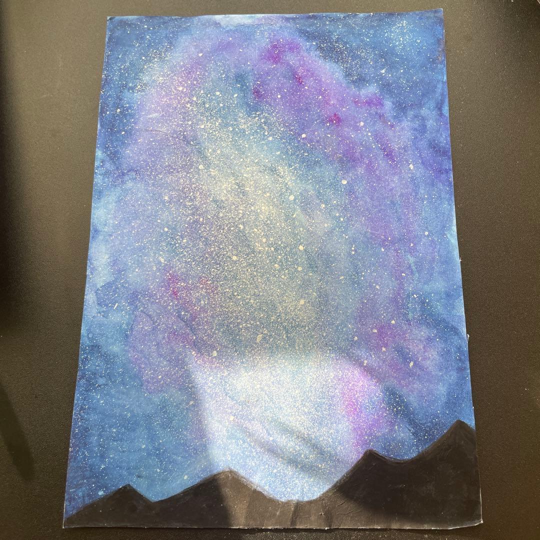 Hand-drawn illustration: Starry sky and mountains. Art. I drew this when I was in 5th grade.