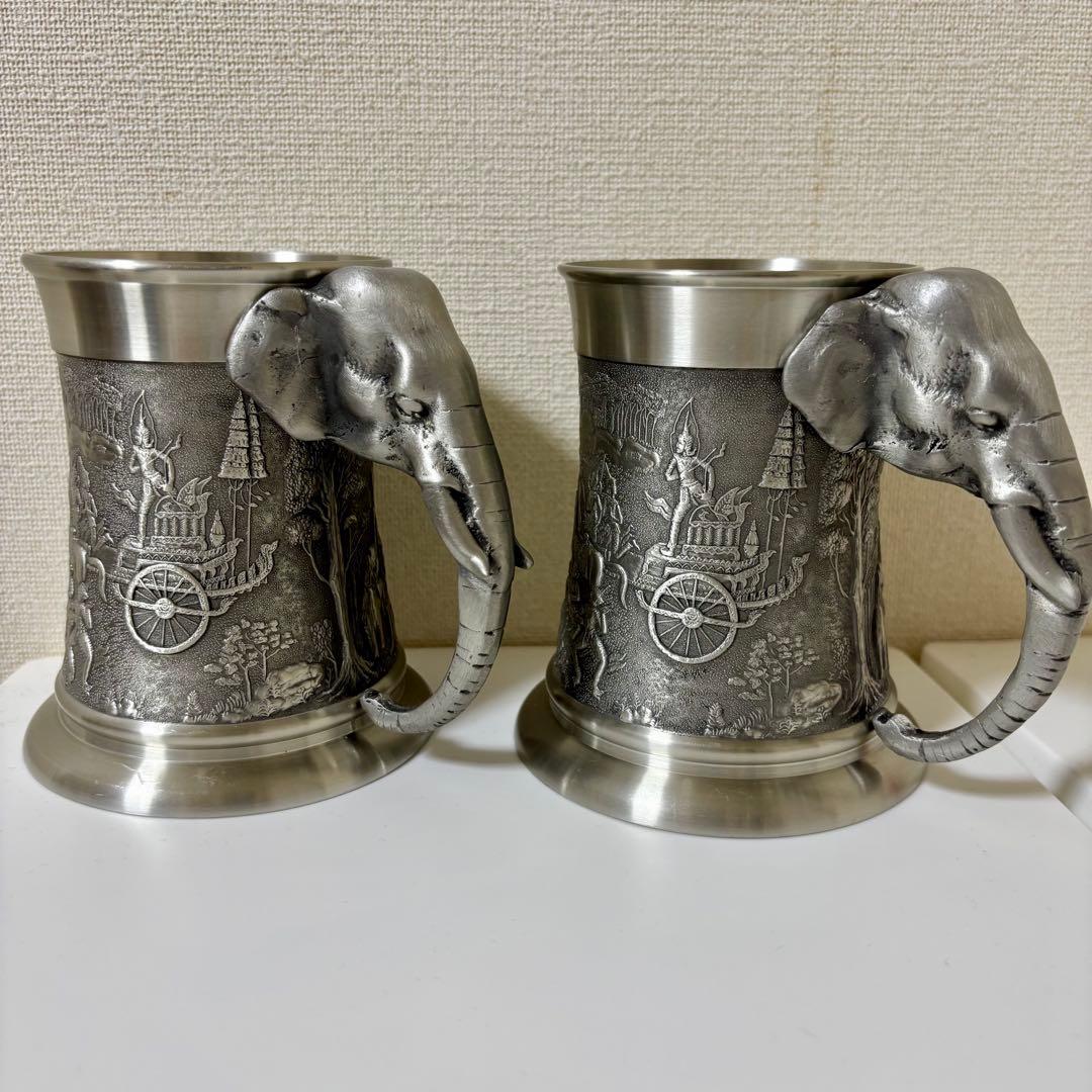 Made in Thailand TPW Pewter Beer Mugs, Set of 2, Elephant, Tin, Tankard, Relief