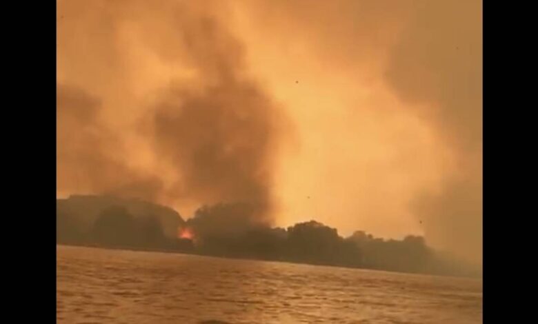 Rio Paraguai em trecho no Pantanal vira corredor com fogo e fumaça nas margens; veja vídeo