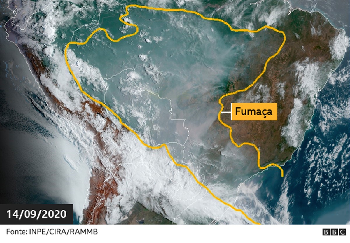 As imagens de satélite que mostram avanço de fumaça de queimadas no Brasil